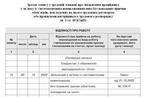 Назва: Зразок запису у трудовій книжці про звільнення працівника у зв’язку із систематичним невиконанням ним своїх обов’язків без поважних причин