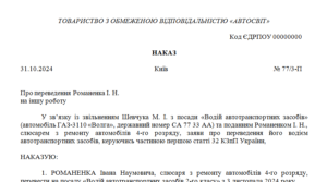 Наказ про переведення працівника на іншу постійну роботу в межах підприємства