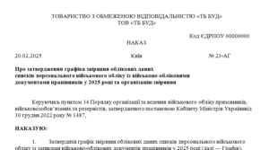 Наказ про затвердження графіка звіряння облікових даних списків персонального військового обліку із військово-обліковими документами працівників у 2025 році та організацію звіряння
