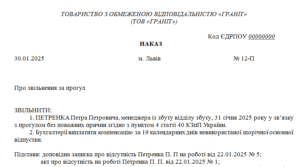 Наказ про звільнення працівника за прогул