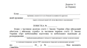 Повістка (додаток 11 до Порядку № 1487)