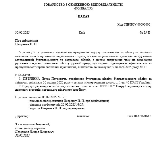 Зразок наказу про звільнення з виплатою вихідної допомоги