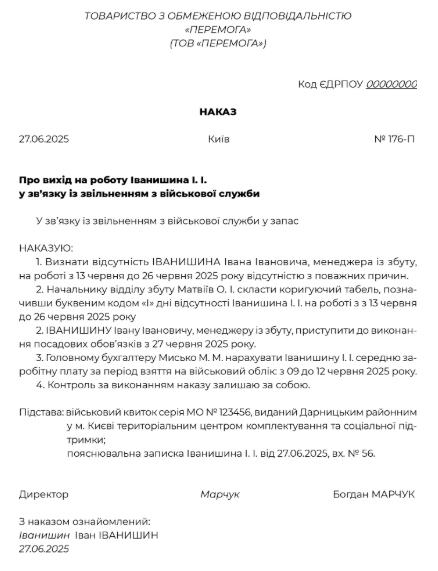 Зразок наказу про вихід працівника на роботу у зв’язку із звільненням з військової служби