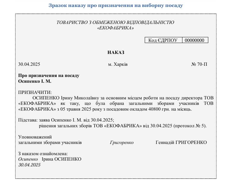 Зразок Призначення на виборну посаду