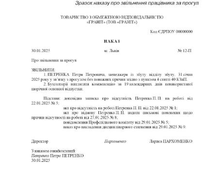 Зразок наказу про звільнення працівника за прогул