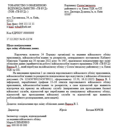Зразок супровідного листа до повідомлення про зміну облікових даних