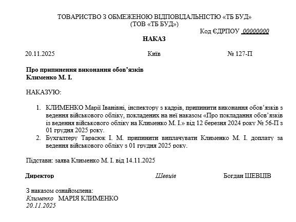 Зразок наказу про припинення виконання обов’язків з ведення військового обліку