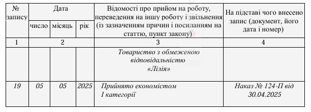 Зразок запису до трудової книжки