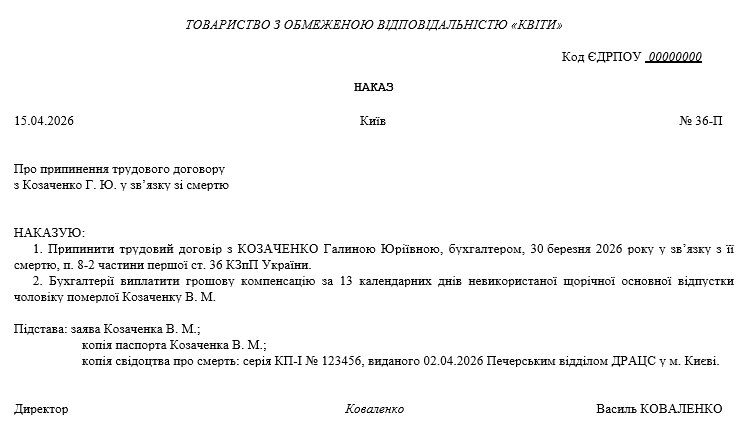 Зразок наказу про припинення трудового договору у зв’язку зі смертю