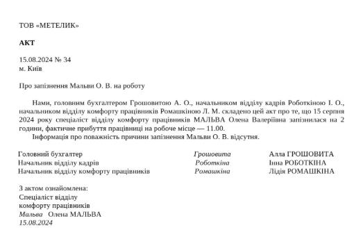 Зразок акта про запізнення працівника на роботу
